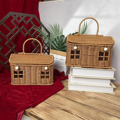 Rattan House Shape Storage Basket with Lid, Small Doll House, Decorative Hand Woven Shelf Organizer with Handle, Natural Harvest Wicker Basket for Picnics, Organizing, Storage (B, 1)