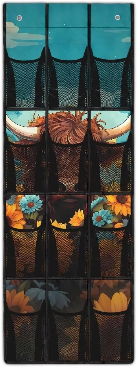 Highland Cattle Shoe Organizer Over The Door 12 Pockets Wall Hanging Storage for Closet Space Saving Over The Door Shoe Organizer Sunflowers Shoe Holder Hanger for Living Room