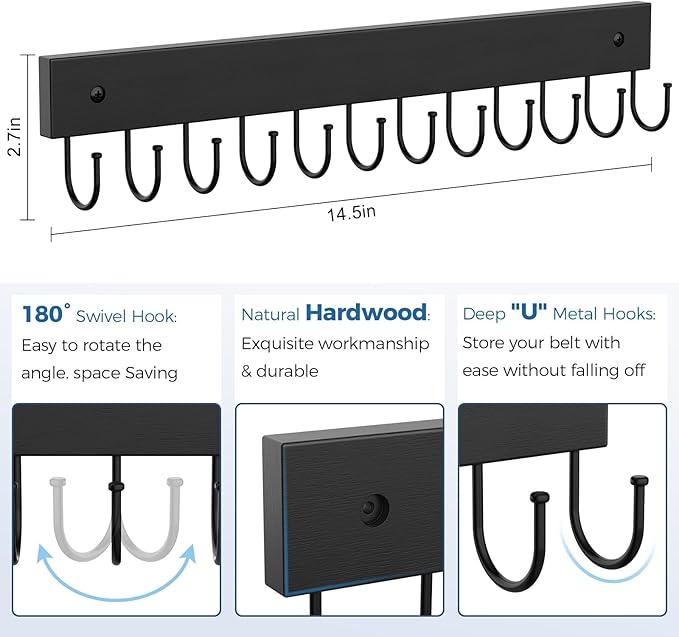 Belt Hanger Wall Mounted, Wooden Belt Organizer 2 Pack Max 24 Storage Capacity, 180° Rotating Space Saving Hangers for Ties, Tank Tops, Scarves, Bras, Keys, Bags Halloween Black
