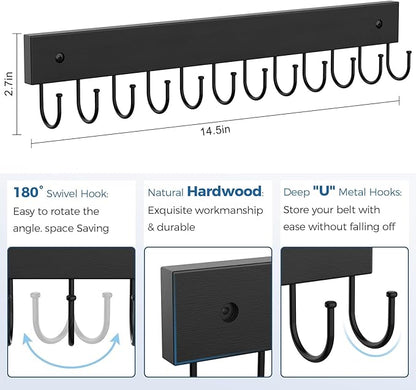 Belt Hanger Wall Mounted, Wooden Belt Organizer 2 Pack Max 24 Storage Capacity, 180° Rotating Space Saving Hangers for Ties, Tank Tops, Scarves, Bras, Keys, Bags Halloween Black