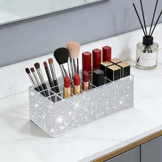 Bling Acrylic Lip Gloss Organizer for Tall Lip Gloss Lipstick Products,Glitter Beauty Makeup Holder 24 Space Organization Container Sparkle Storage Display Case
