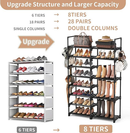 ROJASOP Shoe Rack Organizer, 8-Tier Metal Shoe Rack for Closet Entryway Garage, 26-32 Pairs Tall Shoe Boot Storage Shelf with 15 Hooks, Stackable Large Shoe Stand