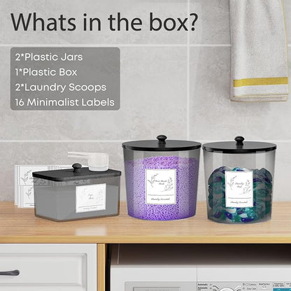 COAZEX 3 Pack Laundry Powder Container & Dryer Sheet Holder, Plastic Laundry Room Organization and Storage Jars with Lids, Labels & Scoops for Powder, Detergent, Scent Booster (Black)