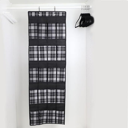 Home Basics Breathable Non-Woven Fabric Home Storage & Organization | Plaid Design in White Black & Grey | Sturdy Fiberboard Construction | (20 Pocket Over the Door Shoe Organizer)