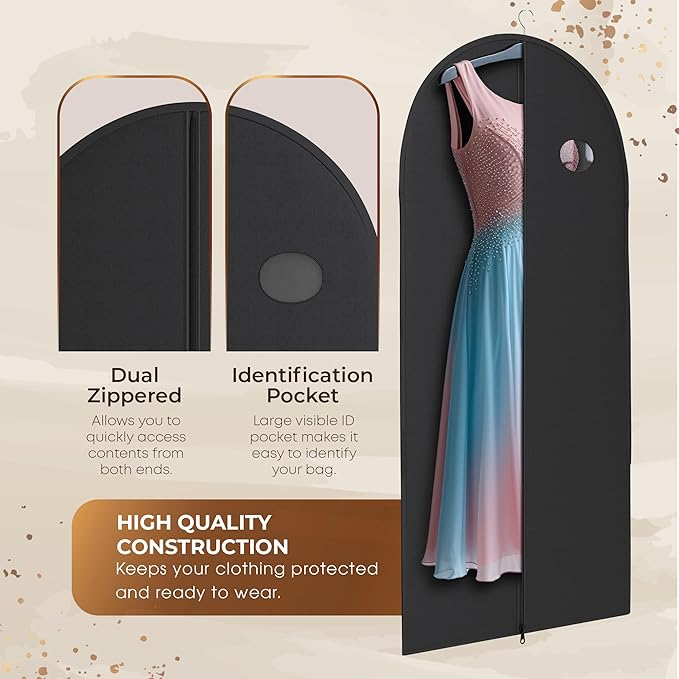 Luxury On the Go Black Suit Bag, Dress, and Travel Gown Garment Bags – 54" Hanging Garment Bag with Clear ID Window – Lightweight & Tear-Resistant – 3 Pack for Dresses, Prom, Evening Gown