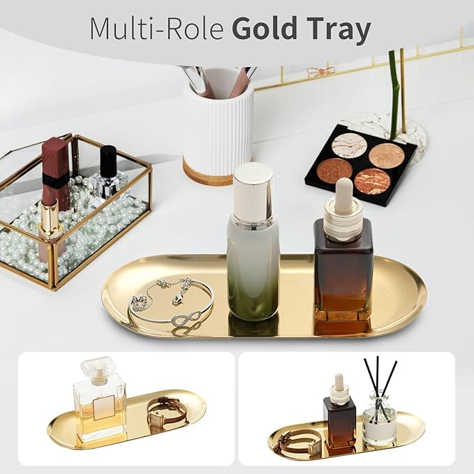 3 Pack Gold Trays for Decor, Stainless Steel Decorative Tray, Small Vanity Tray for Bathroom, Elegant Jewelry Tray for Holding Perfume, Keys, Wallet, Business Cards, Candle, Oval