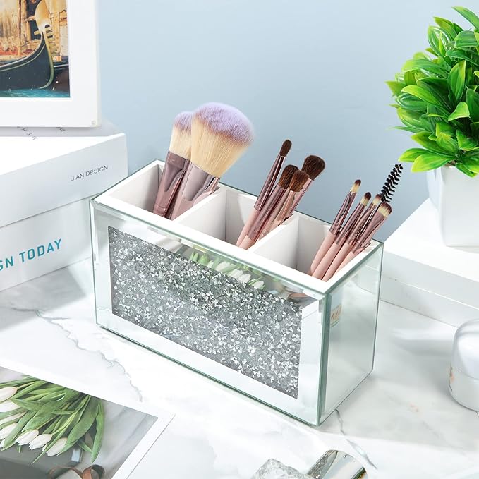 Tanlade 2 Pcs Mirrored Makeup Brush Holder Remote Holder, Mirrored Makeup Organizer with Crushed Diamond Crystals, Vanity Cosmetics Organizer Solution, Pencil Holder Organizer for Desk (3 Compartment)