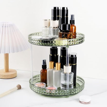 360 Clear Rotating Makeup Organize for Vanity,2 Tiers Lazy Susan with Diamond Pattern, Large-Capacity Skincare Organizers Cosmetic Display Case Organizer for Dresser (Vintage Green, 2Tiers)