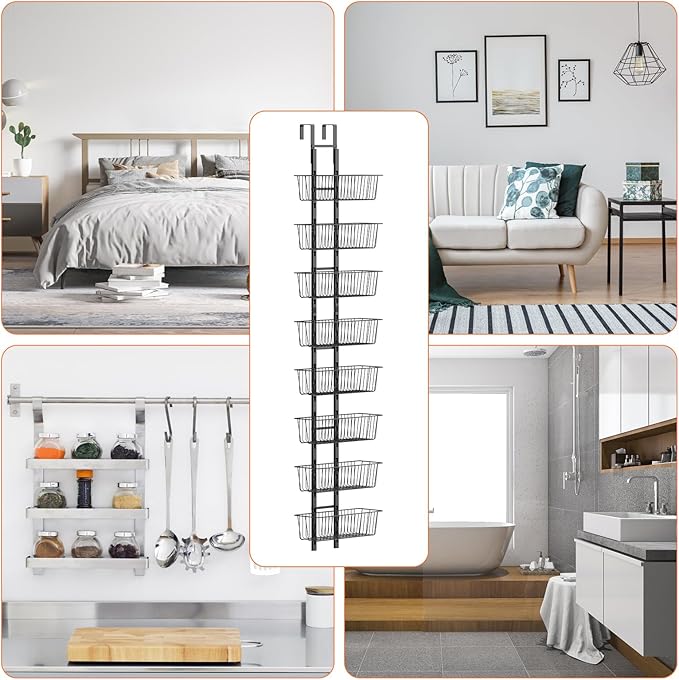 8 Tier Over the Door Pantry Organizer, Over the Door Spice Rack with Adjustable Baskets, Metal Hanging Door Pantry Organizers and Storage for Kitchen Bathroom Bedroom, Black