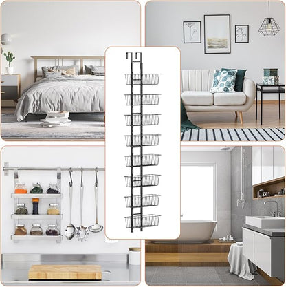 8 Tier Over the Door Pantry Organizer, Over the Door Spice Rack with Adjustable Baskets, Metal Hanging Door Pantry Organizers and Storage for Kitchen Bathroom Bedroom, Black