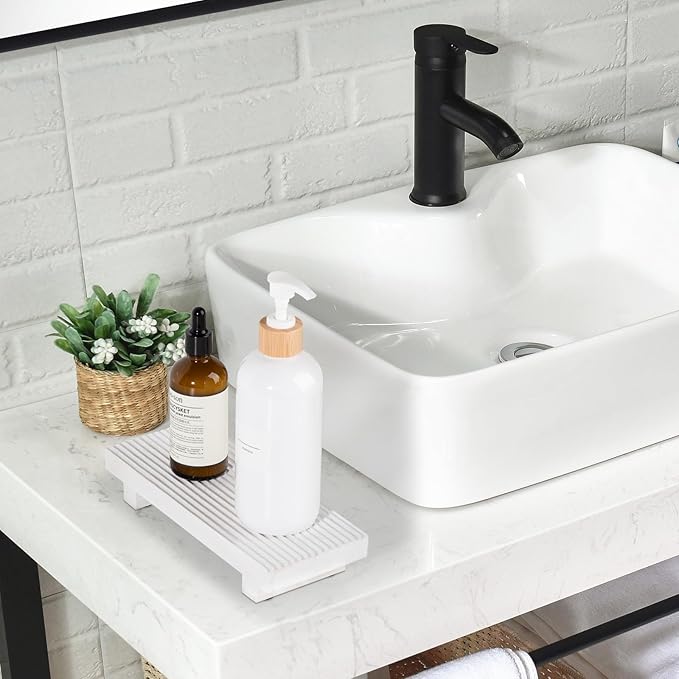 Wooden Tray Pedestal Stand Farmhouse Bathroom Decor Decorative Wooden Riser Kitchen Soap Dish Holder for Vanity, Counter, Sink, 8.7 * 3.6 White