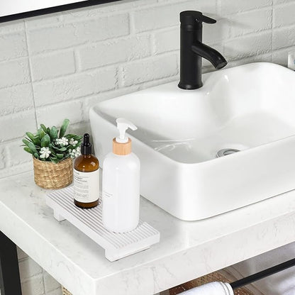 Wooden Tray Pedestal Stand Farmhouse Bathroom Decor Decorative Wooden Riser Kitchen Soap Dish Holder for Vanity, Counter, Sink, 8.7 * 3.6 White