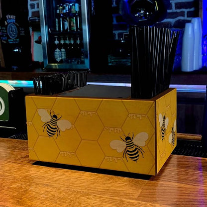 Bar Caddy - Bee Honeycombs - 3 Compartment Caddy– 4.5 x 9 x 6.5 Inch Luxury Baltic Birch Caddy Organizer for Home Bar, Locals - Utensil Holder – Durable and Versatile (Honeycombs)