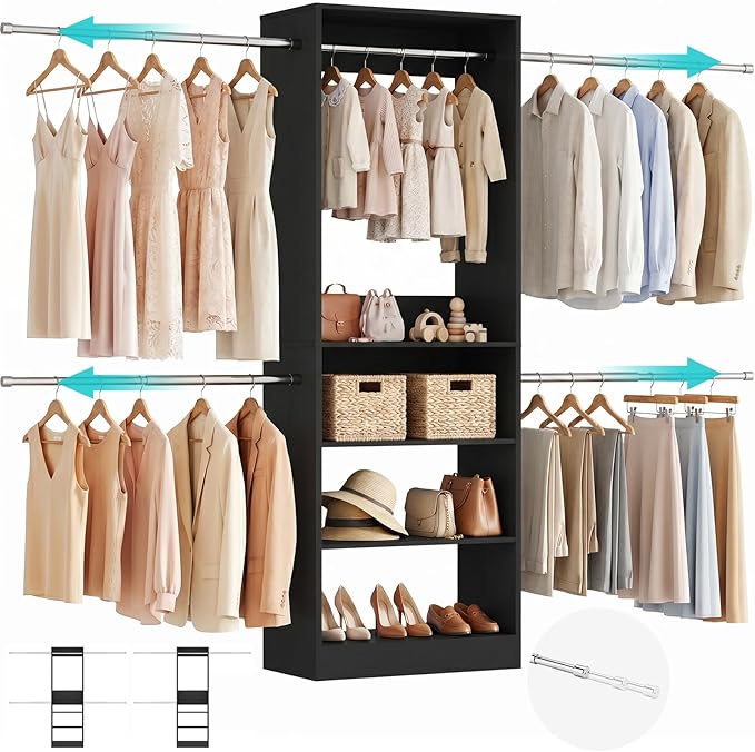 12FT Large Open Closet System, 138'' Wall-Mounted Closet Shelving with 5 Hanging Rods and 6 Shelves, Customizable Wardrobe for Walk-In Closets, Fits 5–12FT Spaces, Black