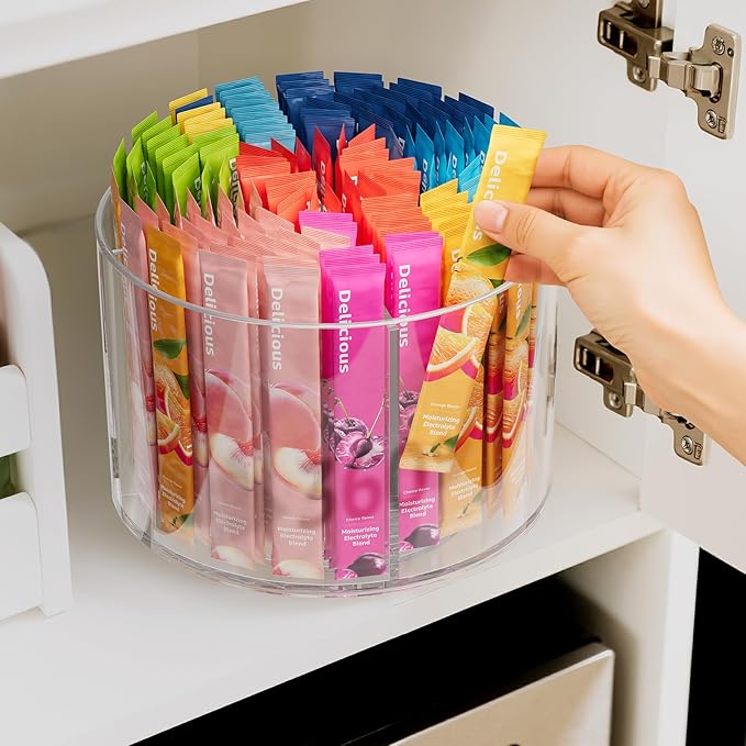 2-Pack Divided Drink Packet Organizer, Rotating Turntable Organizer, Spinning Powdered Drink Mix Holder, Clear Lazy Susan Turntable, Divided Water Drink Packet Storage Organizer
