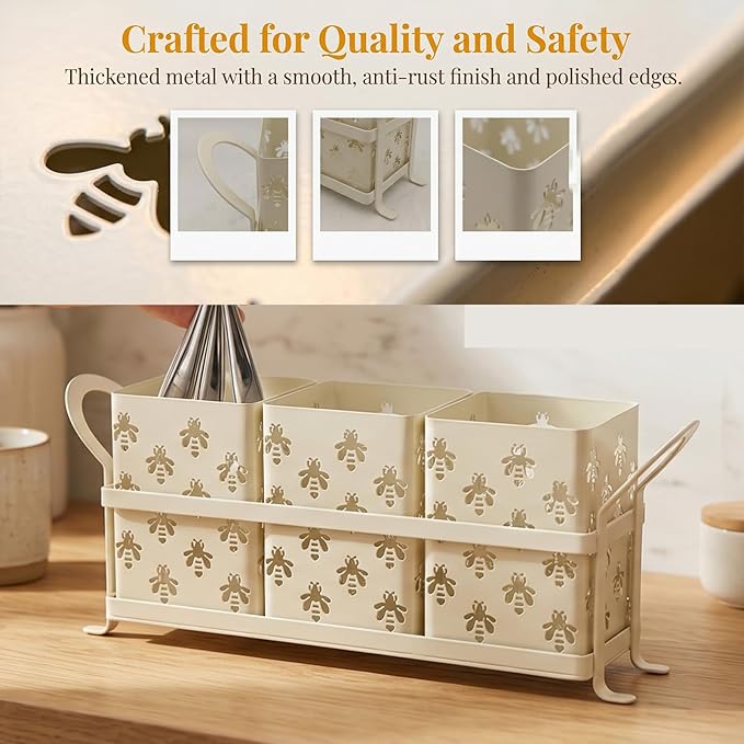 Silverware Caddy with Bee Design, 3 Compartment Metal Utensil Holder with Handles,Silverware Holder for Party Countertop, Kitchen, Outdoor, Cutlery Holder Organizer for Spoon Fork,Cream White
