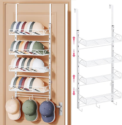 SWTYMIKI Over Door Hat Organizer - 5 Tier Wall Mounted Hat Rack with 4 Adjustable Metal Basket and 3 Hooks, Hanging Baseball Cap Organizer Storage Holds up to 49 Caps for Door, Bedroom, Closet