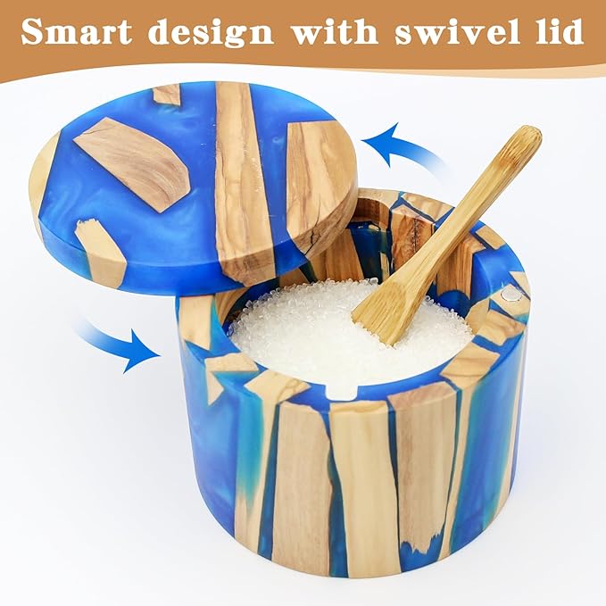 Handcrafted Salt Box Resin Wooden Container Swivel Lid with Magnetic to Easily Open Seal Salt Cellar Free Spoon for Storing Salt Pepper Sugar Herbs Small Spice Box Storage Kitchen Accessory