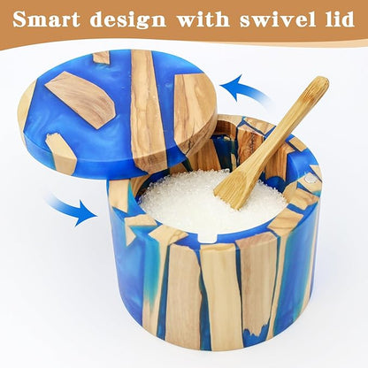 Handcrafted Salt Box Resin Wooden Container Swivel Lid with Magnetic to Easily Open Seal Salt Cellar Free Spoon for Storing Salt Pepper Sugar Herbs Small Spice Box Storage Kitchen Accessory
