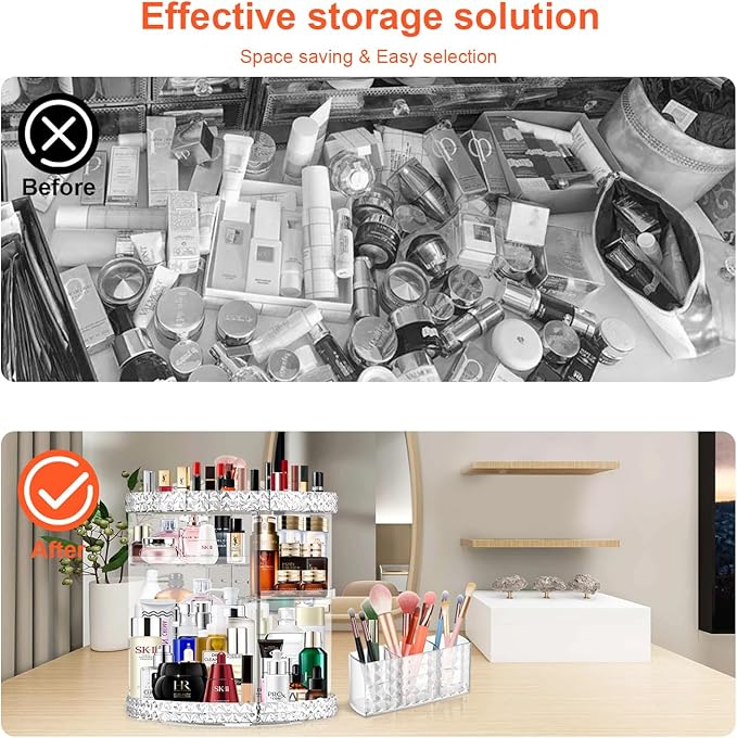360 Rotating Makeup Organizer for Vanity + Makeup Brush Holder,Perfume Organizer with 6 DIY Adjustable Layer,Large Capacity Skincare Organizers,Lazy Susan Make up Organizer for Bedroom Dresser,Clear