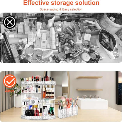 360 Rotating Makeup Organizer for Vanity + Makeup Brush Holder,Perfume Organizer with 6 DIY Adjustable Layer,Large Capacity Skincare Organizers,Lazy Susan Make up Organizer for Bedroom Dresser,Clear