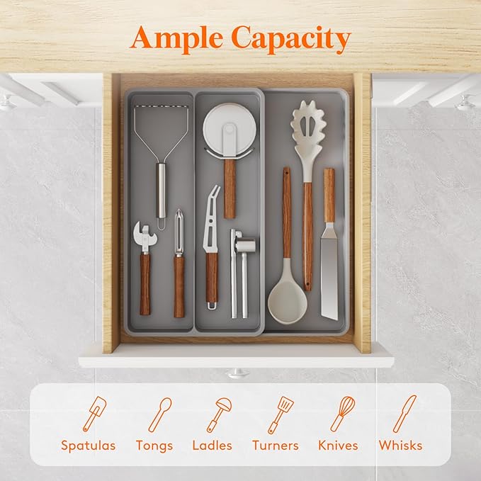 Lifewit Utensil Organizer for Kitchen Drawer, Expandable Cooking Silverware Tray, Adjustable Cutlery Flatware Holder, Plastic Spatula Tools Storage Divider, 14.4 x 15.8", Gray