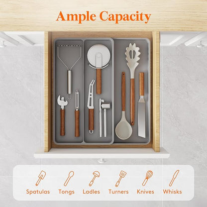 Lifewit Utensil Organizer for Kitchen Drawer, Expandable Cooking Silverware Tray, Adjustable Cutlery Flatware Holder, Plastic Spatula Tools Storage Divider, 14.4 x 15.8", Gray