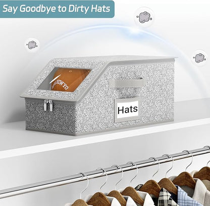 AOODA Stackable Hat Storage for Baseball Caps, Holds up to 12 Caps Hat Organizer for Closet, Sturdy Hat Boxes for Men with Cardboard, Grey