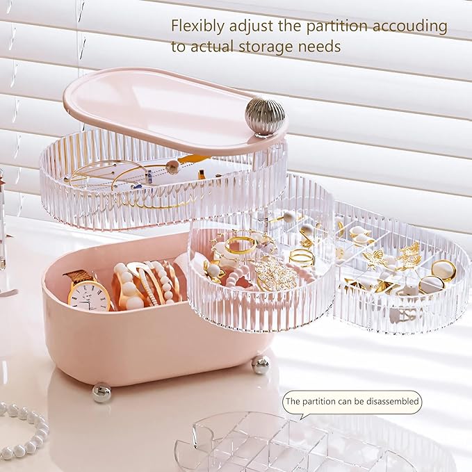 360° Rotating Hair Accessories Organizer for Headband Bows Clip,Hair Tie Organizer with Lid, Jewelry Organizer forEarrings Rings Necklaces Bracelet (Pink 4-Layer)