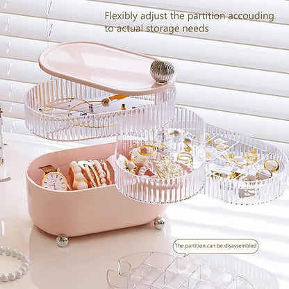 360° Rotating Hair Accessories Organizer for Headband Bows Clip,Hair Tie Organizer with Lid, Jewelry Organizer forEarrings Rings Necklaces Bracelet (Pink 4-Layer)