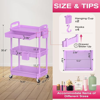 Goovilla Rolling Makeup Organizer Cart with Removable Drawer, 3 Tier Stable Purple Floor Skincare Storage Cart for Vanity, Cosmetic Display, Nail Polish, Perfume, Hair Stuff, Beauty, Bathroom(Plastic)