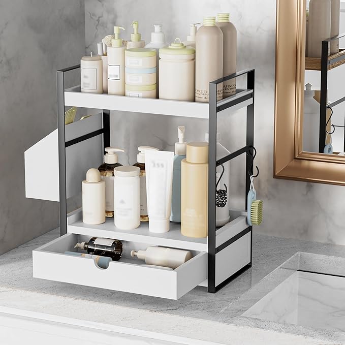 Kottwca 2-Tier Bathroom Counter Organizer with Drawer, Basket & Hooks, Wooden Vanity Shelf for Skincare, Perfume & Makeup Storage(White)