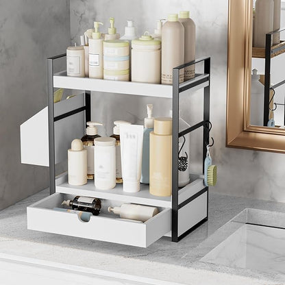 Kottwca 2-Tier Bathroom Counter Organizer with Drawer, Basket & Hooks, Wooden Vanity Shelf for Skincare, Perfume & Makeup Storage(White)