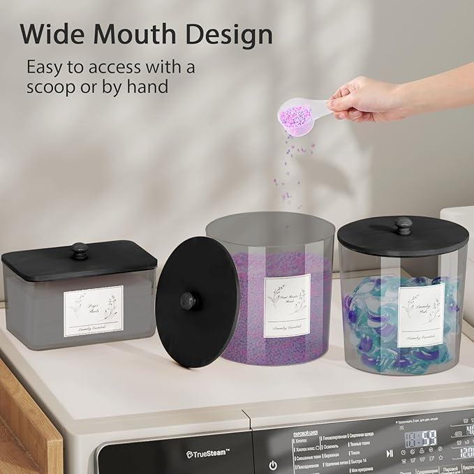 COAZEX 3 Pack Laundry Powder Container & Dryer Sheet Holder, Plastic Laundry Room Organization and Storage Jars with Lids, Labels & Scoops for Powder, Detergent, Scent Booster (Black)