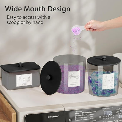 COAZEX 3 Pack Laundry Powder Container & Dryer Sheet Holder, Plastic Laundry Room Organization and Storage Jars with Lids, Labels & Scoops for Powder, Detergent, Scent Booster (Black)