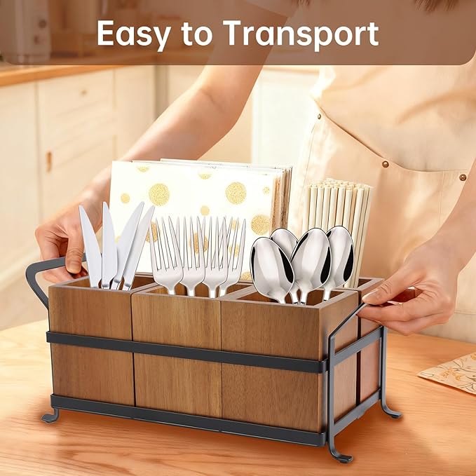 Silverware Caddy Acacia Wood Silverware holder for Party Utensil Caddy with Metal Handle Paper Plate Organizer Cutlery Holder Flatware Organizer for Spoons Forks Napkins