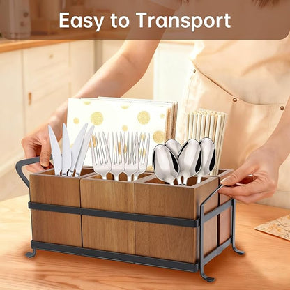 Silverware Caddy Acacia Wood Silverware holder for Party Utensil Caddy with Metal Handle Paper Plate Organizer Cutlery Holder Flatware Organizer for Spoons Forks Napkins