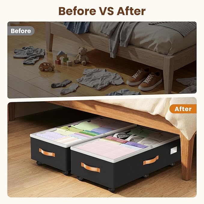 Budding Joy Under Bed Storage with Wheels 2Pack, 80L Height Adjustable Underbed Containers with Clear Lids, Rolling Under Bed Shoe Storage Organizer for Dorm Home Clothes, Blankets, Toys, Black