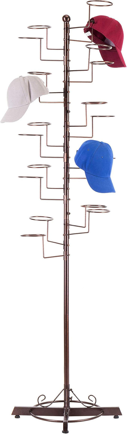 MyGift Hat Rack Tree, Cowboy Hat Display Stand, Baseball Cap Organizer Storage, Freestanding Retail Wig Holder with 20 Customizable Circular Hooks, for Multiple Hats, Dark Brown Metal