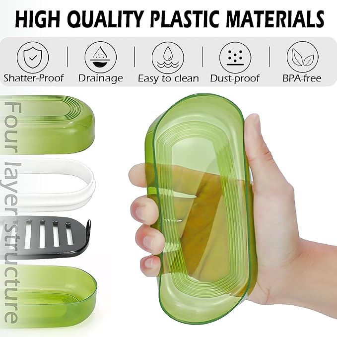 AIDIMMING Large Shampoo & Conditioner Bar Holder, Clear Soap Case with Lid and Drain Tray for Kitsch Bars, Duke Cannon 10 oz Soap, Handmade Soap,for Bathroom, Shower, Gym, Camping, Travel (Max, Green)