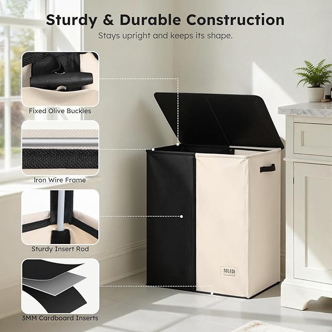 SOLEDI Large Double Laundry Hamper with Lid, Collapsible Clothes Hamper 2 section with Removable Bags, Space-Saving Laundry Basket for Bedroom, Dorm, College