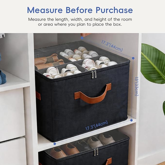 Fabric Shoe Organizer for Closet, 3 Pack Shoe Storage Organizer with Clear PVC Cover and Adjustable Dividers, Fits 24-48 Pairs – Shoe Organizer Box Foldable & Dustproof