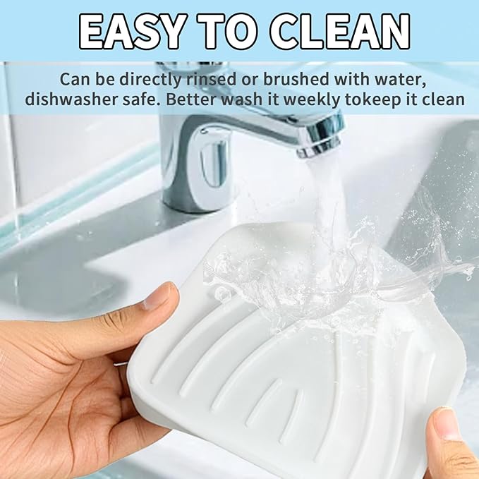 2 Pack Silicone Soap Dish with Drain, Self Draining Bar Soap Holder for Shower, Silicone Dish Soap Tray, Bathroom and Kitchen Sink Organizer, White