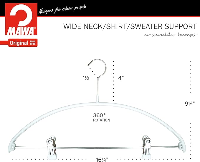 Mawa by Reston Lloyd European Non-Slip Metal Clothing Hanger, Smooth Shoulder Support & Adjustable Pant Clips, Set of 5, White