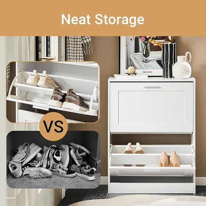 SoBuy Shoe Storage Cabinet Entryway, Slim Shoe Rack Freestanding, Narrow Shoe Organizer 2 Flip-Drawers Shoe Cupboard for Mudroom Front Door Entrance Hallway Bedroom, White, FSR137-W