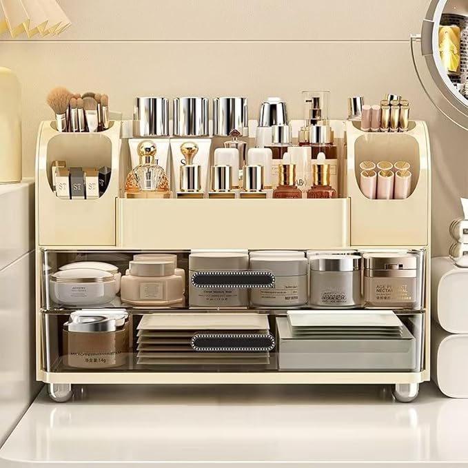 Makeup Organizer with 2 Drawers, Cosmetic Display Case, Storage Holder for Vanity, Bathroom Counter, Desk, Beauty Supplies (Cream)