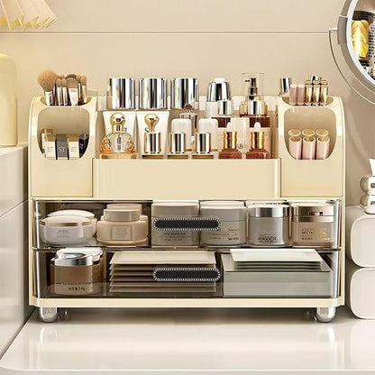 Makeup Organizer with 2 Drawers, Cosmetic Display Case, Storage Holder for Vanity, Bathroom Counter, Desk, Beauty Supplies (Cream)