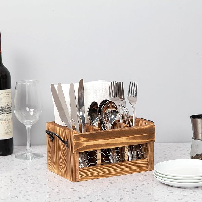 Rustic Weathered Brown Wood Utensil & Napkin Holder Black Metal Handles Chicken Wire Front Panel Kitchenware and Tableware Organizer Wooden Cutlery Storage Caddy Kitchen Dining Room Fork Spoon