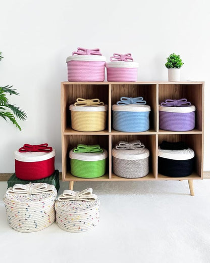 Tiny Basket with Lid, Small Round Woven Basket with Lid, Decorative Storage Box for Small Toy, Gift or Home Decor, Rainbow Pom-pom & Cute Bow Handle (rainbow, S)