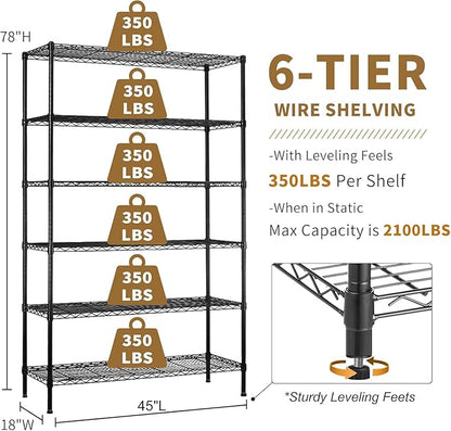 Storage Shelves with Wheels 6 Tier Wire Shelving Adjustable Metal Shelving Unit Heavy Duty NSF Shelf Capacity 2100lbs for Garage Racks, Kitchen, Closet, Commercial (45"x18"x82", Black)